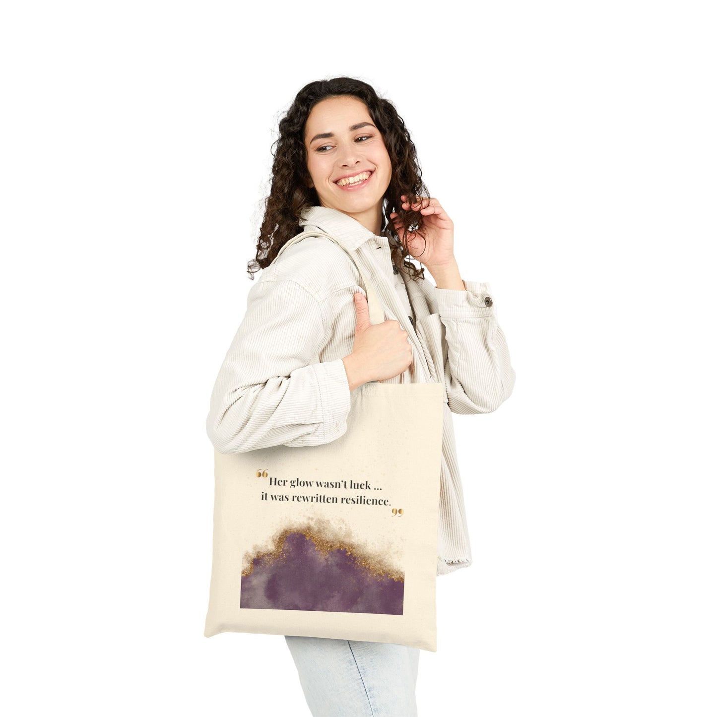 Canvas Tote Bag — "Her glow wasn’t luck, it was relentless resilience" Inspirational Purple Gold Design