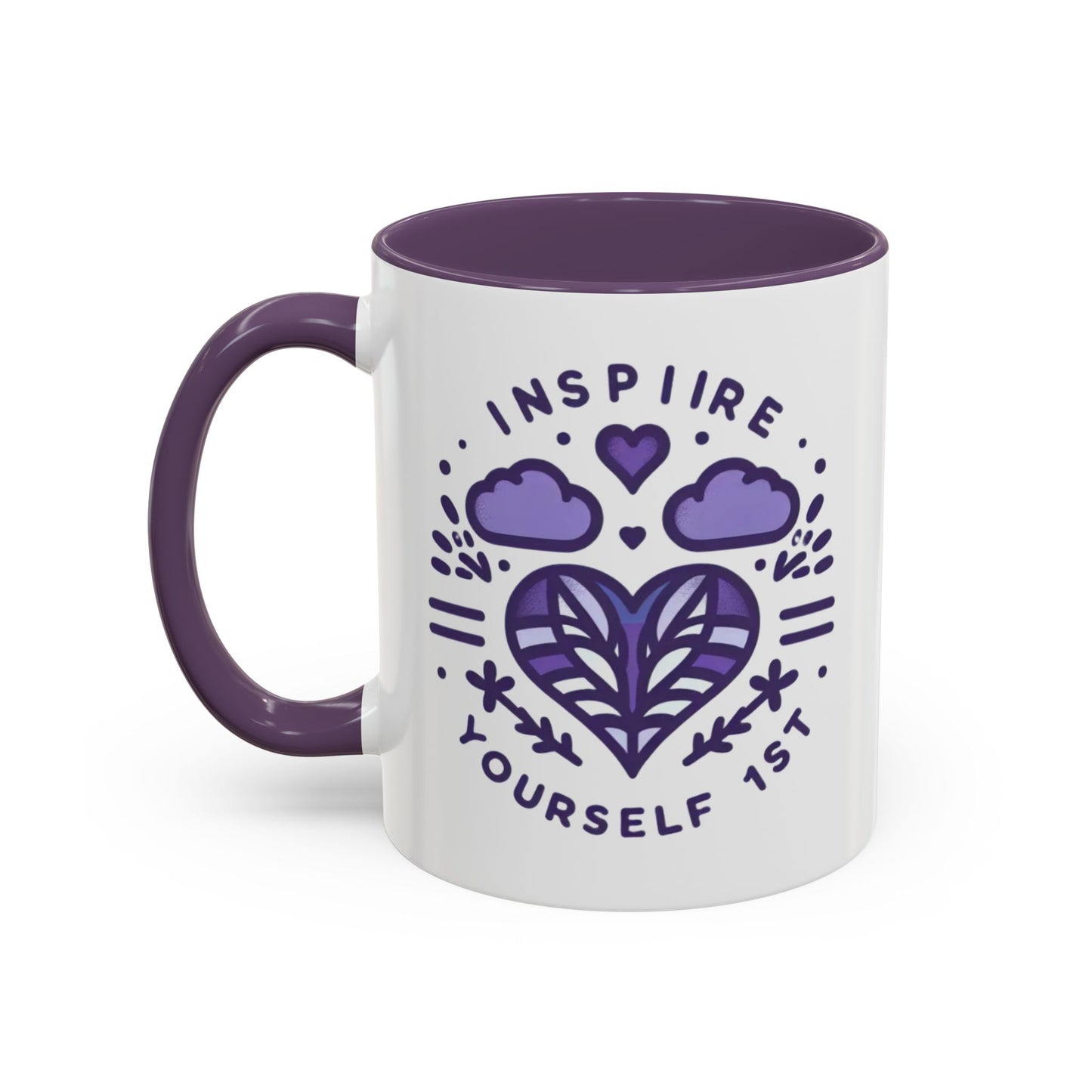 Inspire Yourself First Coffee Mug — Motivational Purple Heart Accent Mug (11/15oz)