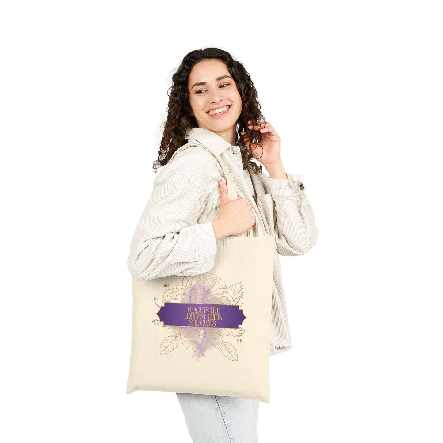 Floral Mandala Cotton Tote — "Peace is the Loudest Thing She Owns" Inspirational Canvas Bag