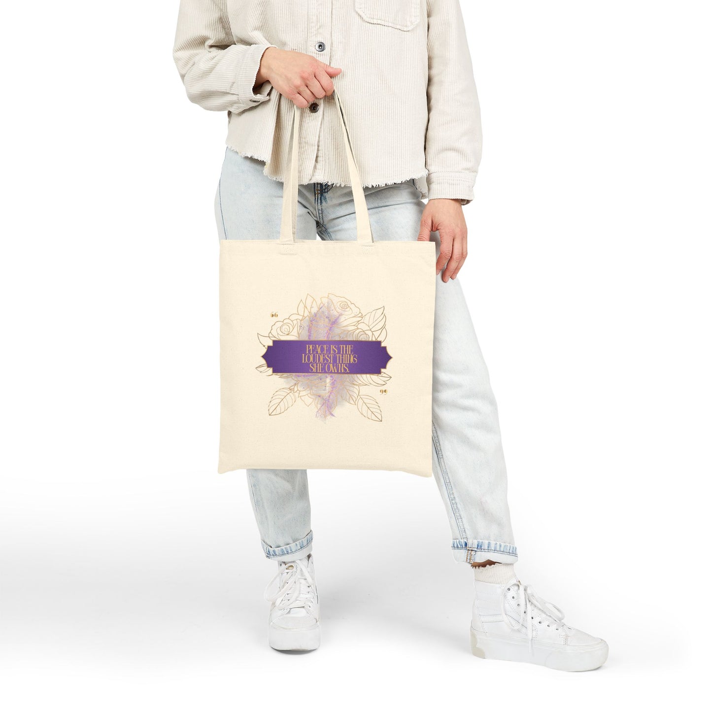 Floral Mandala Cotton Tote — "Peace is the Loudest Thing She Owns" Inspirational Canvas Bag