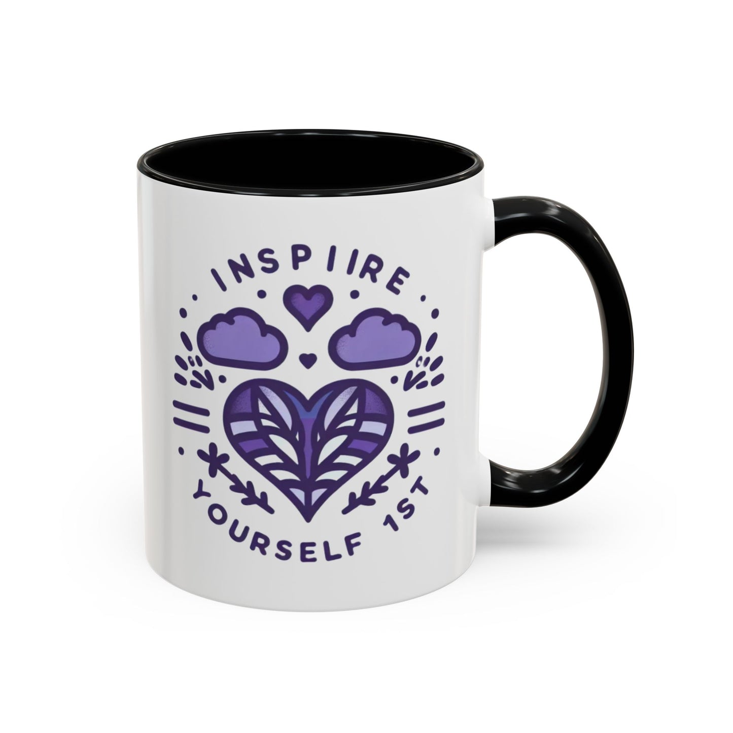 Inspire Yourself First Coffee Mug — Motivational Purple Heart Accent Mug (11/15oz)