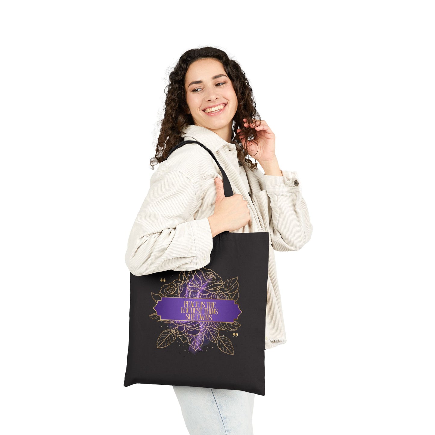 Floral Mandala Cotton Tote — "Peace is the Loudest Thing She Owns" Inspirational Canvas Bag