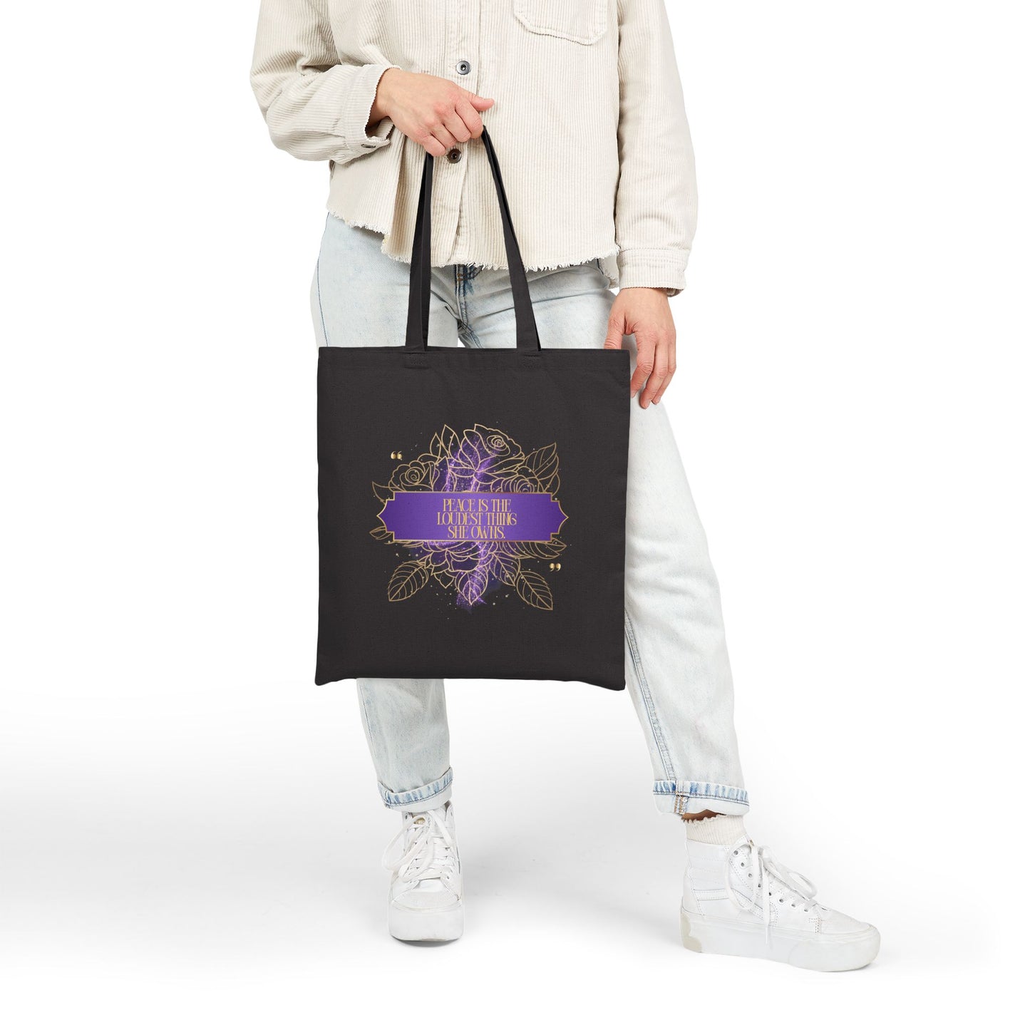 Floral Mandala Cotton Tote — "Peace is the Loudest Thing She Owns" Inspirational Canvas Bag