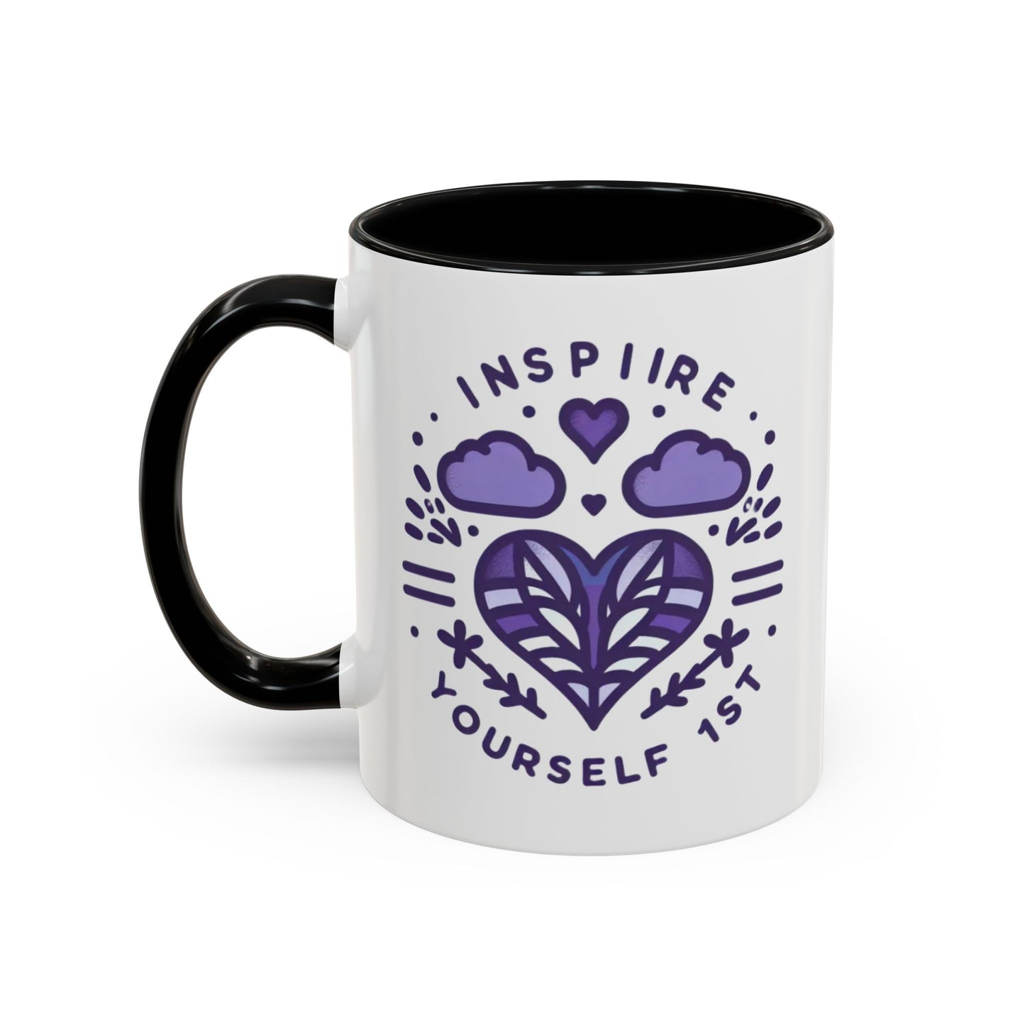 Inspire Yourself First Coffee Mug — Motivational Purple Heart Accent Mug (11/15oz)