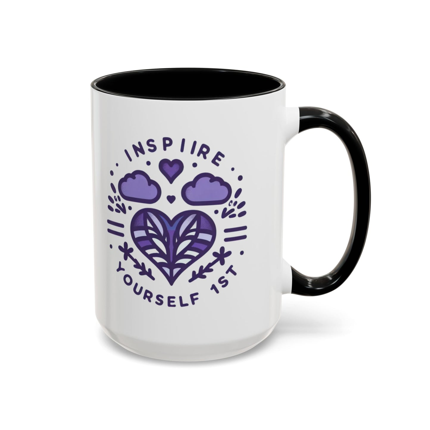 Inspire Yourself First Coffee Mug — Motivational Purple Heart Accent Mug (11/15oz)