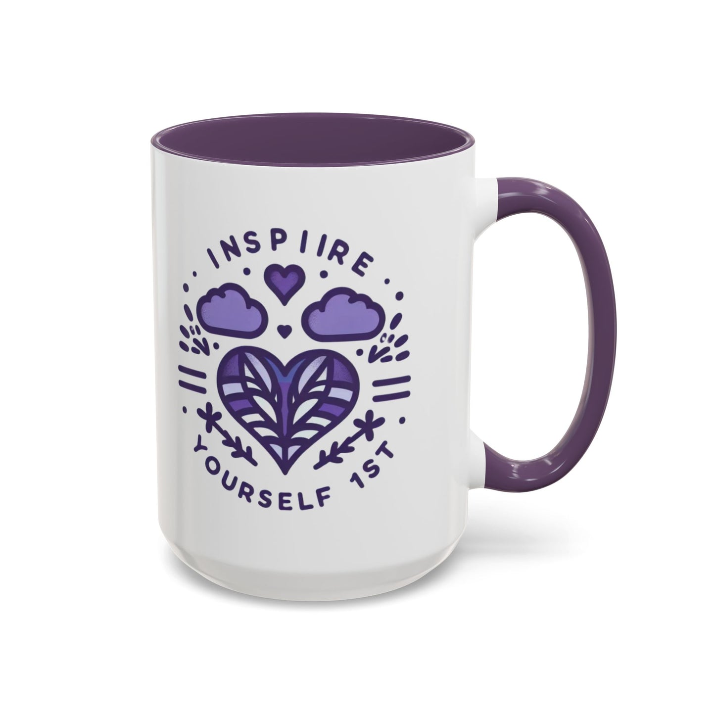 Inspire Yourself First Coffee Mug — Motivational Purple Heart Accent Mug (11/15oz)