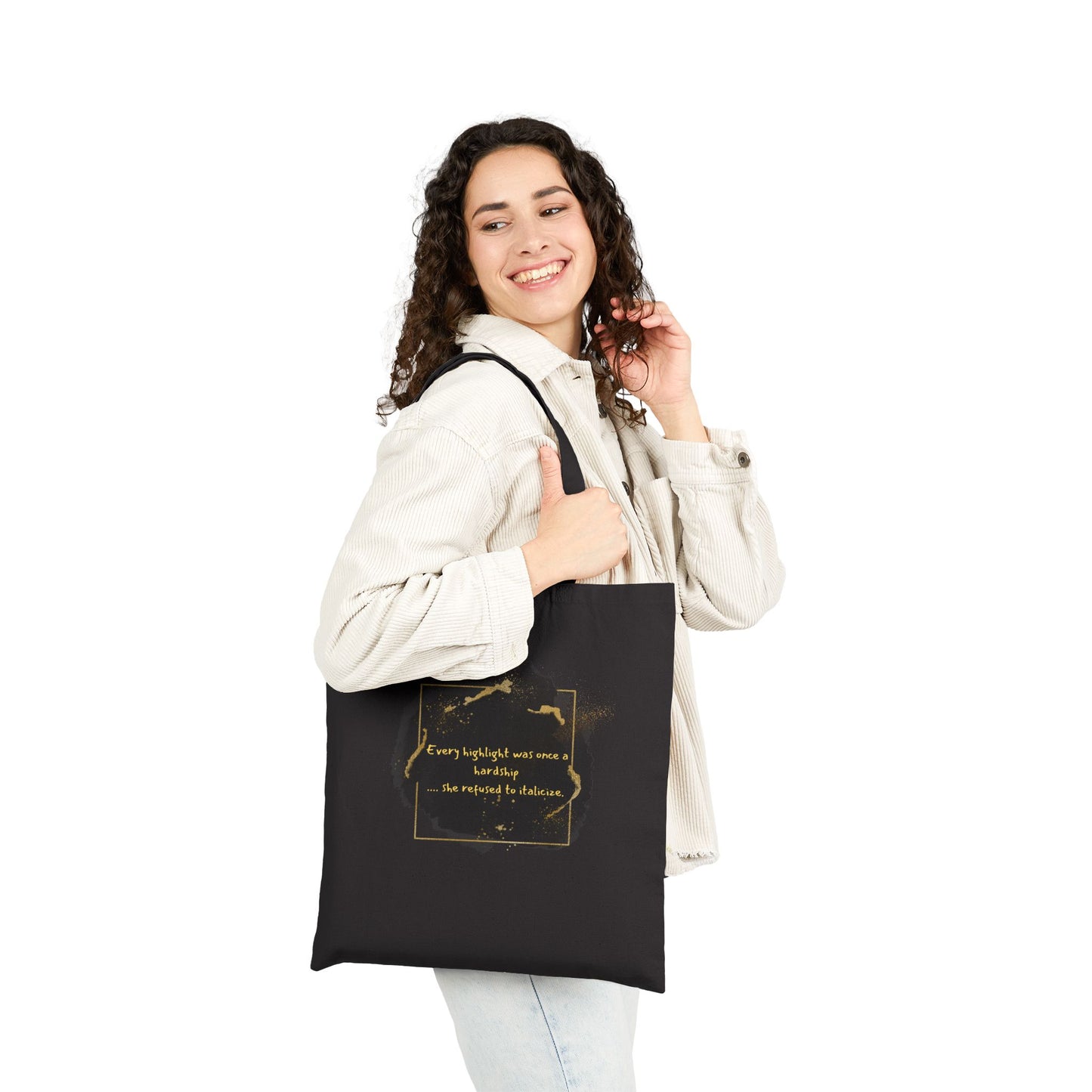 "She Refused..." Canvas Tote Bag — Gold Brushstroke Logo Eco Shopper