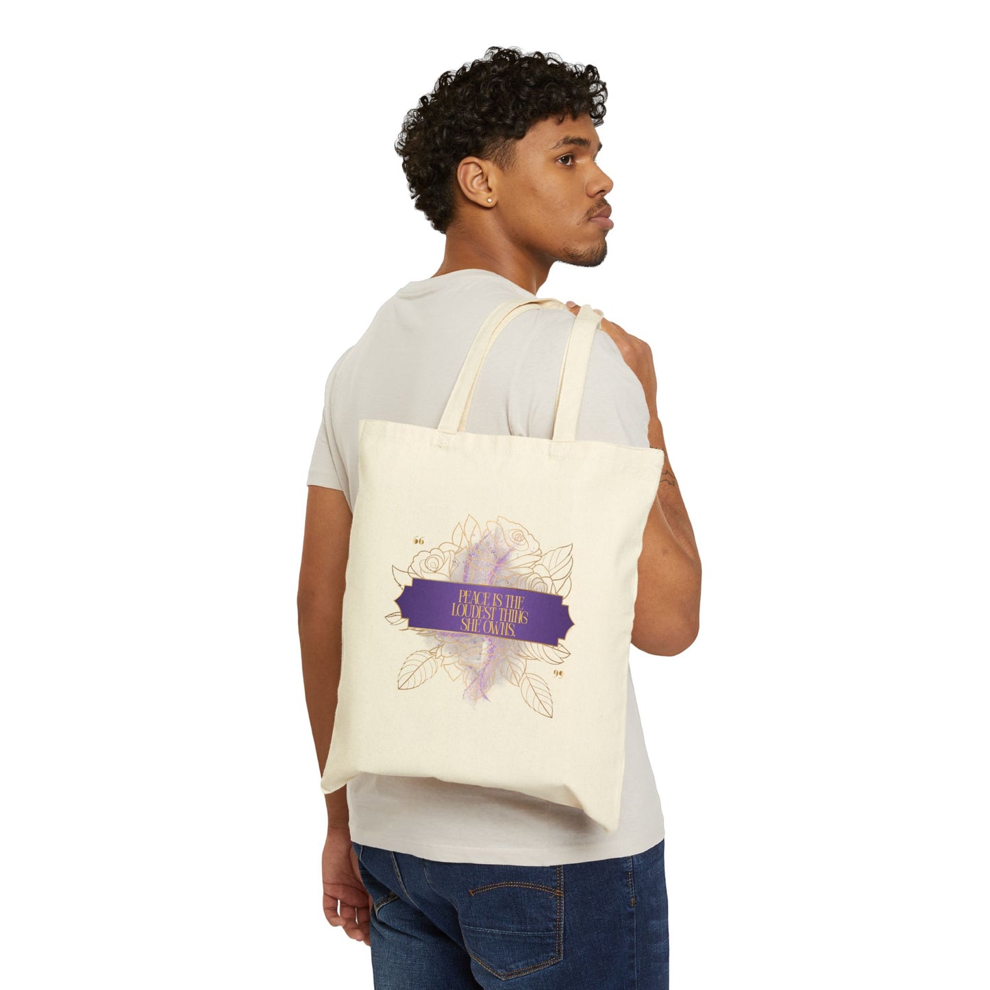 Floral Mandala Cotton Tote — "Peace is the Loudest Thing She Owns" Inspirational Canvas Bag