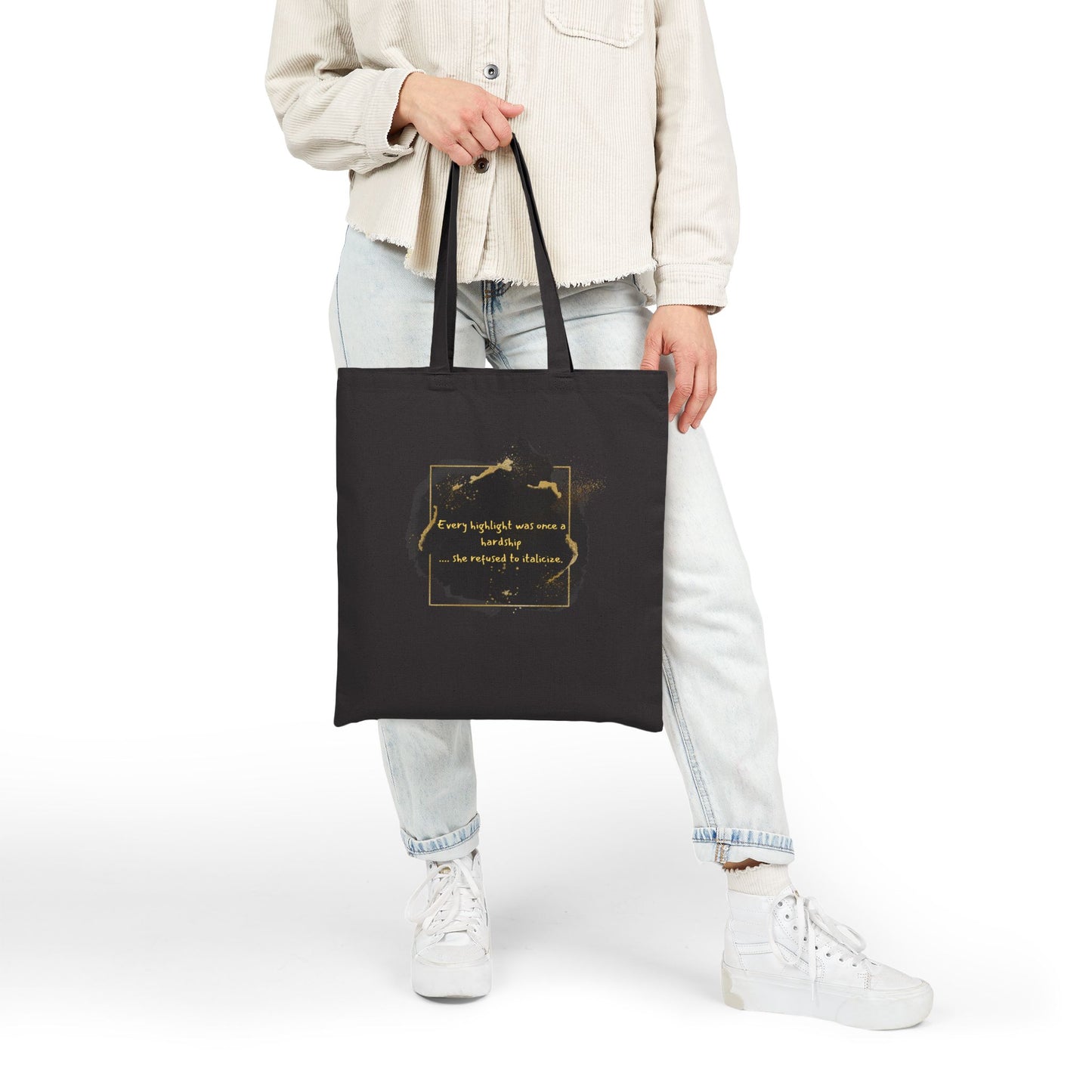 "She Refused..." Canvas Tote Bag — Gold Brushstroke Logo Eco Shopper