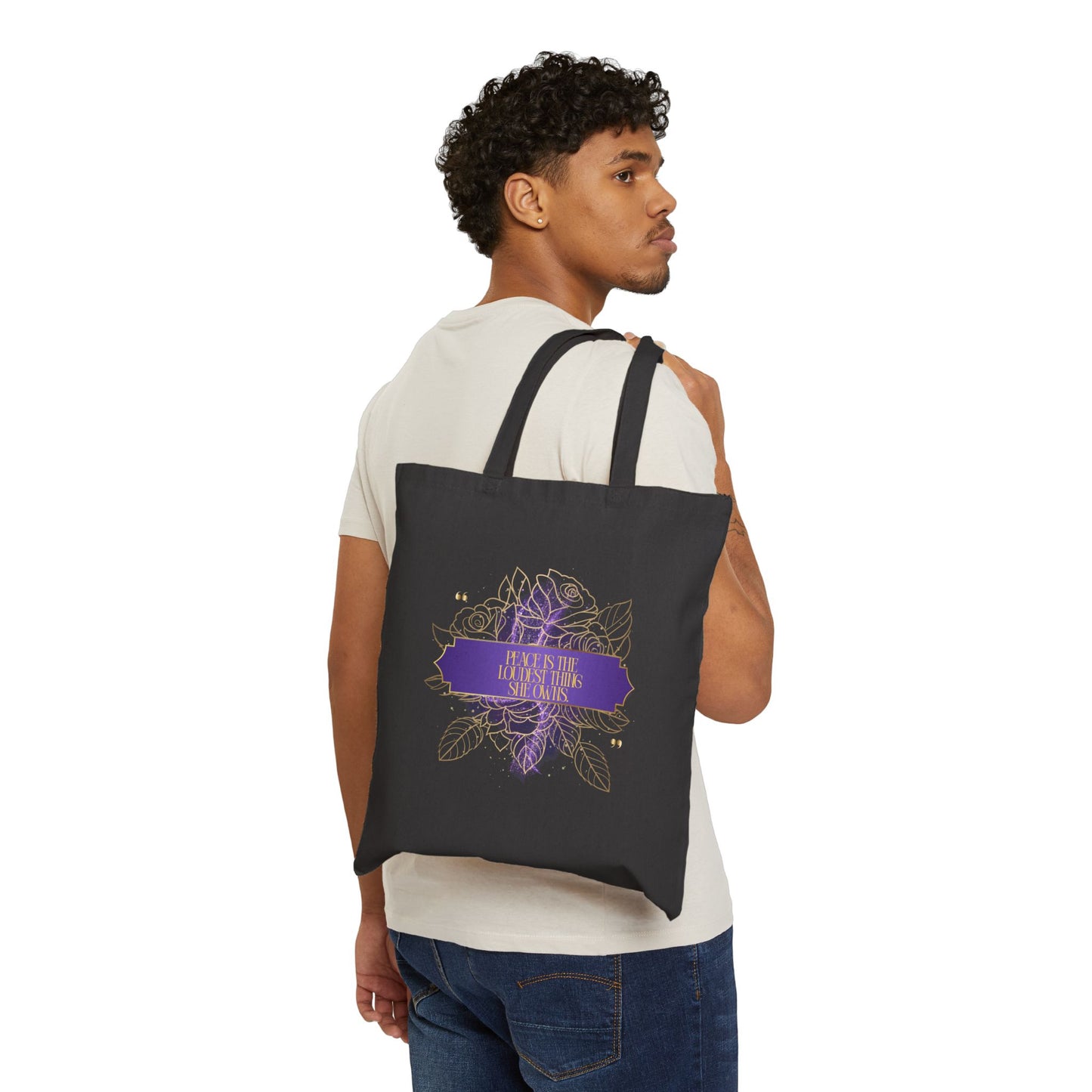 Floral Mandala Cotton Tote — "Peace is the Loudest Thing She Owns" Inspirational Canvas Bag