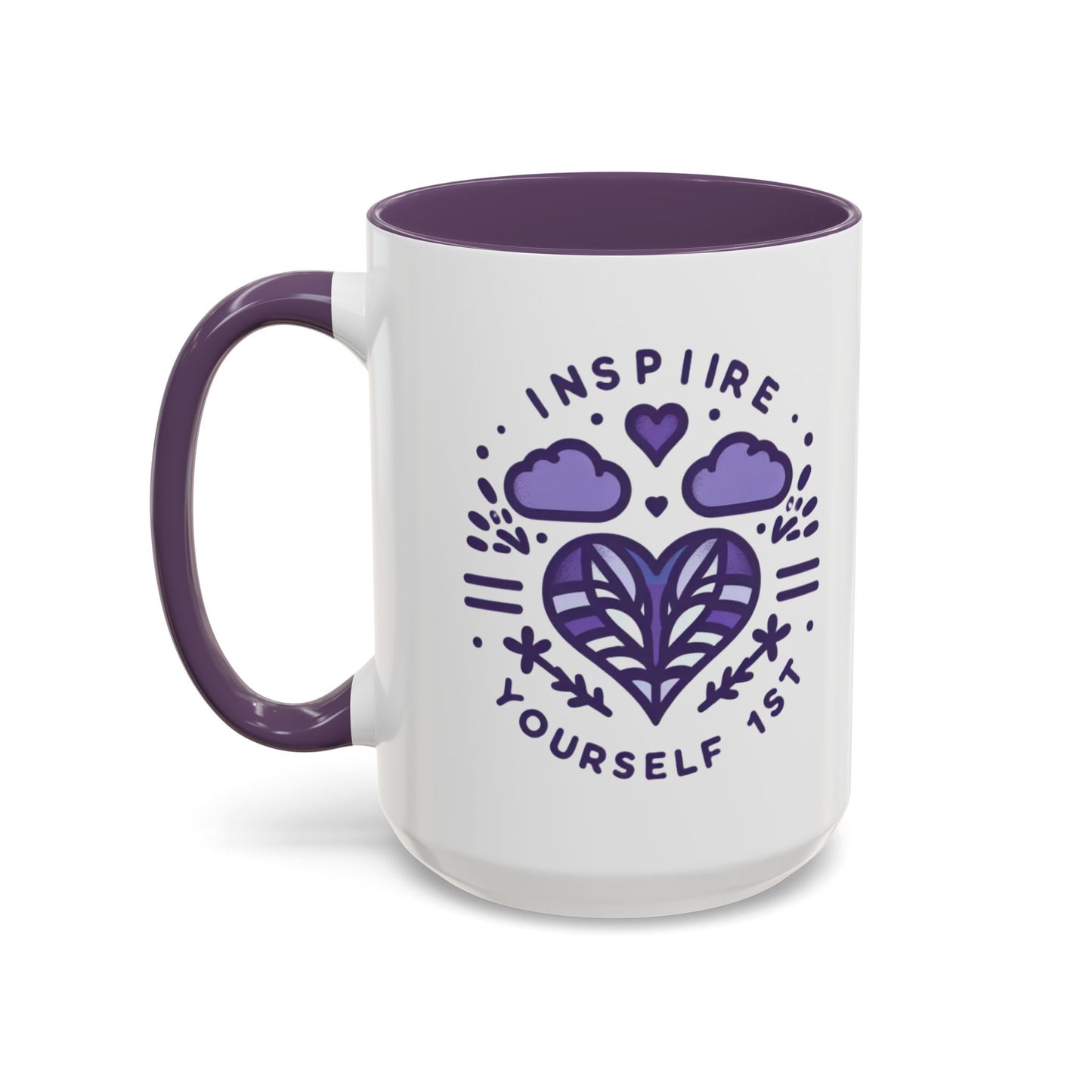 Inspire Yourself First Coffee Mug — Motivational Purple Heart Accent Mug (11/15oz)