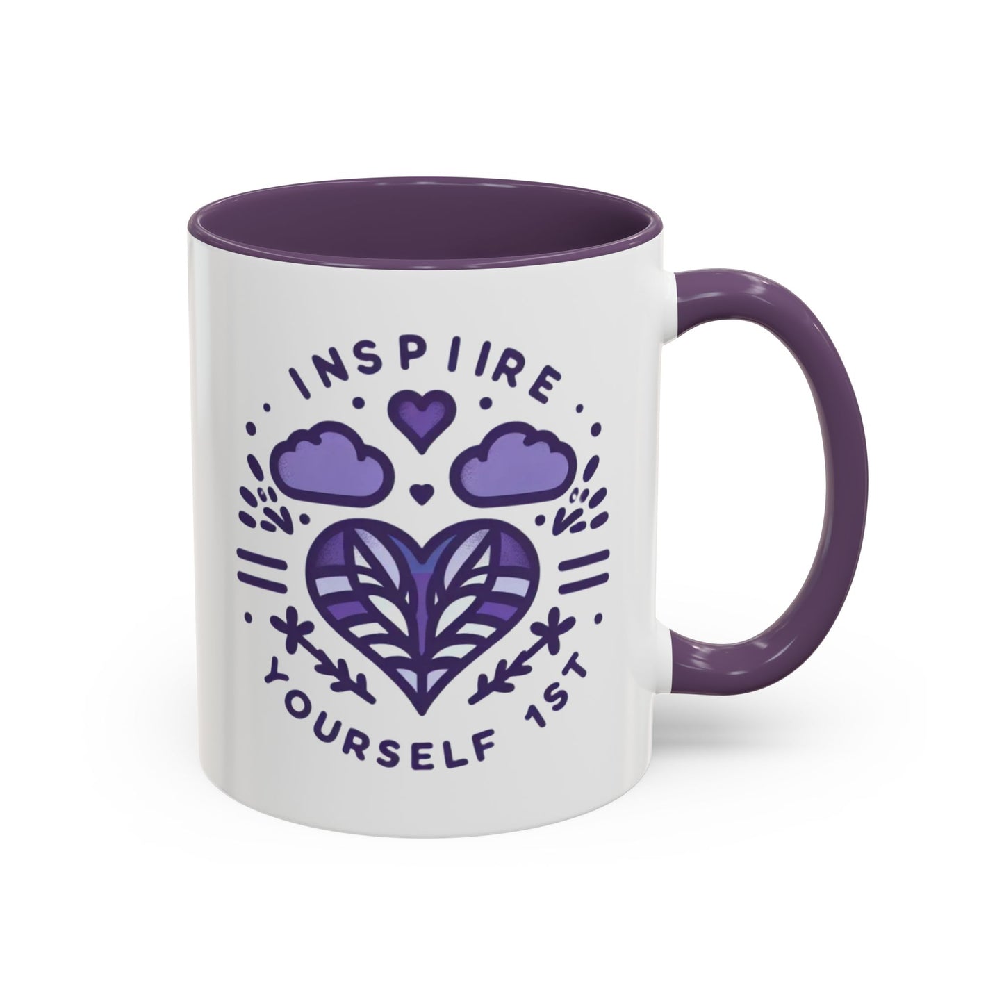 Inspire Yourself First Coffee Mug — Motivational Purple Heart Accent Mug (11/15oz)