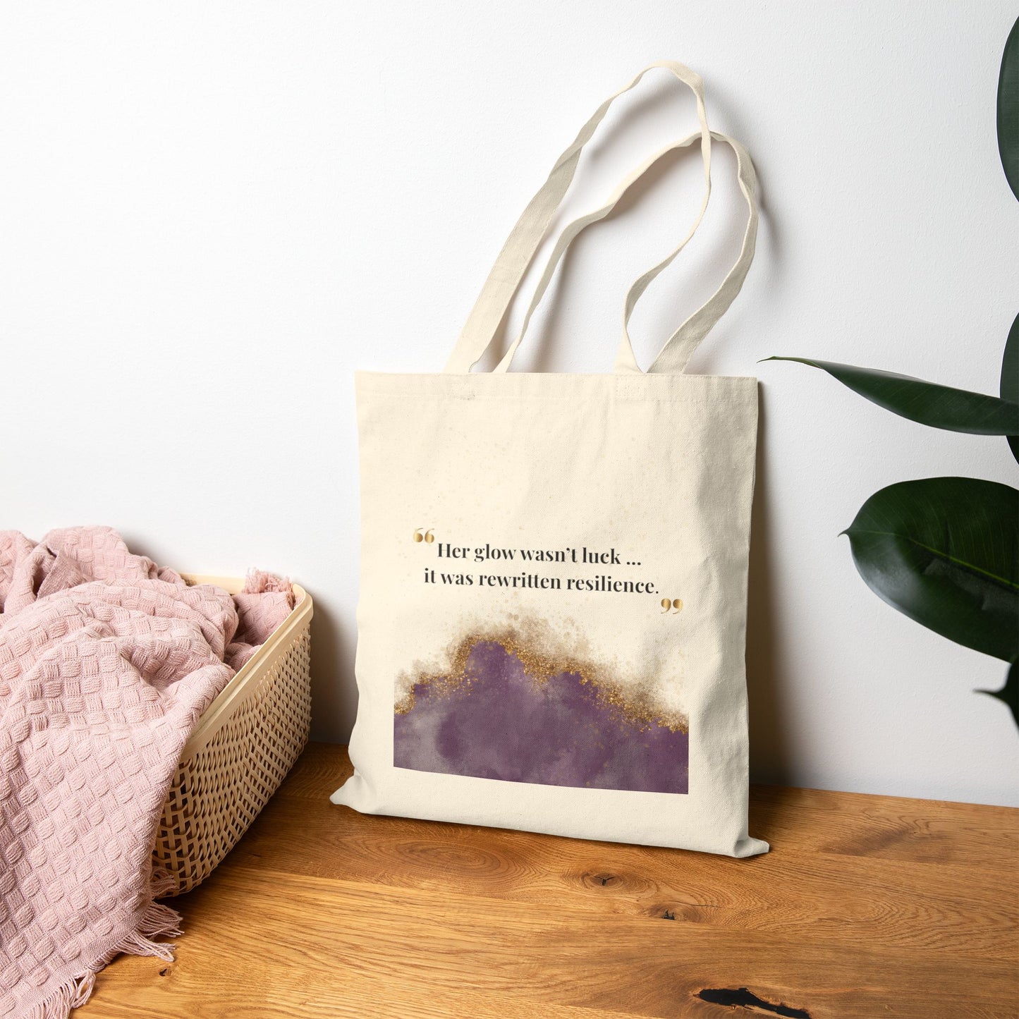 Canvas Tote Bag — "Her glow wasn’t luck, it was relentless resilience" Inspirational Purple Gold Design