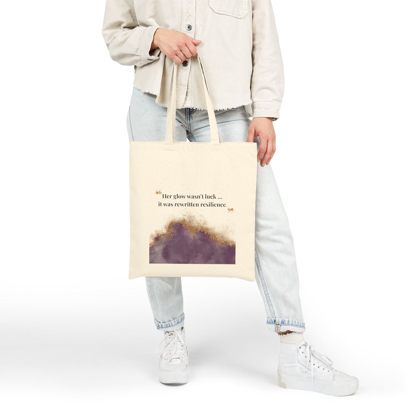 Canvas Tote Bag — "Her glow wasn’t luck, it was relentless resilience" Inspirational Purple Gold Design